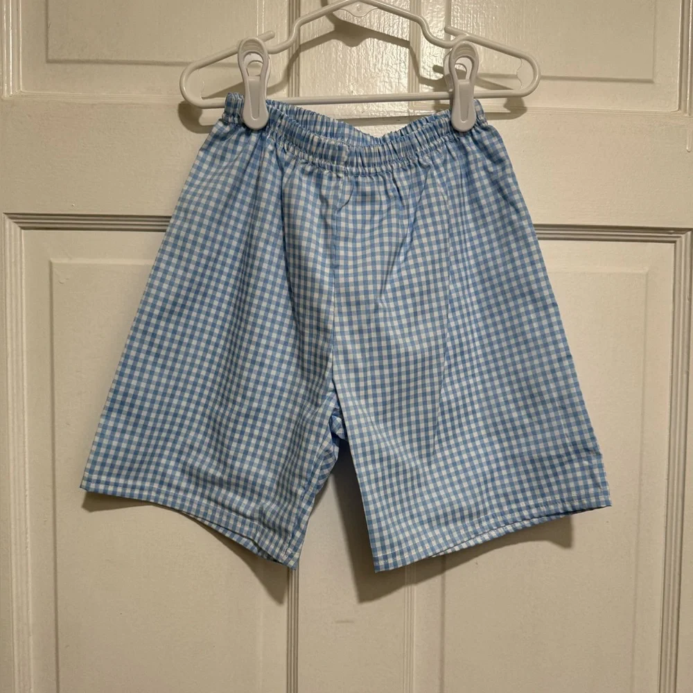 NEW Boys Appliqué Dog Short Sleeve Shirt Shorts Outfit Size 6/7‎ Blue Gingham